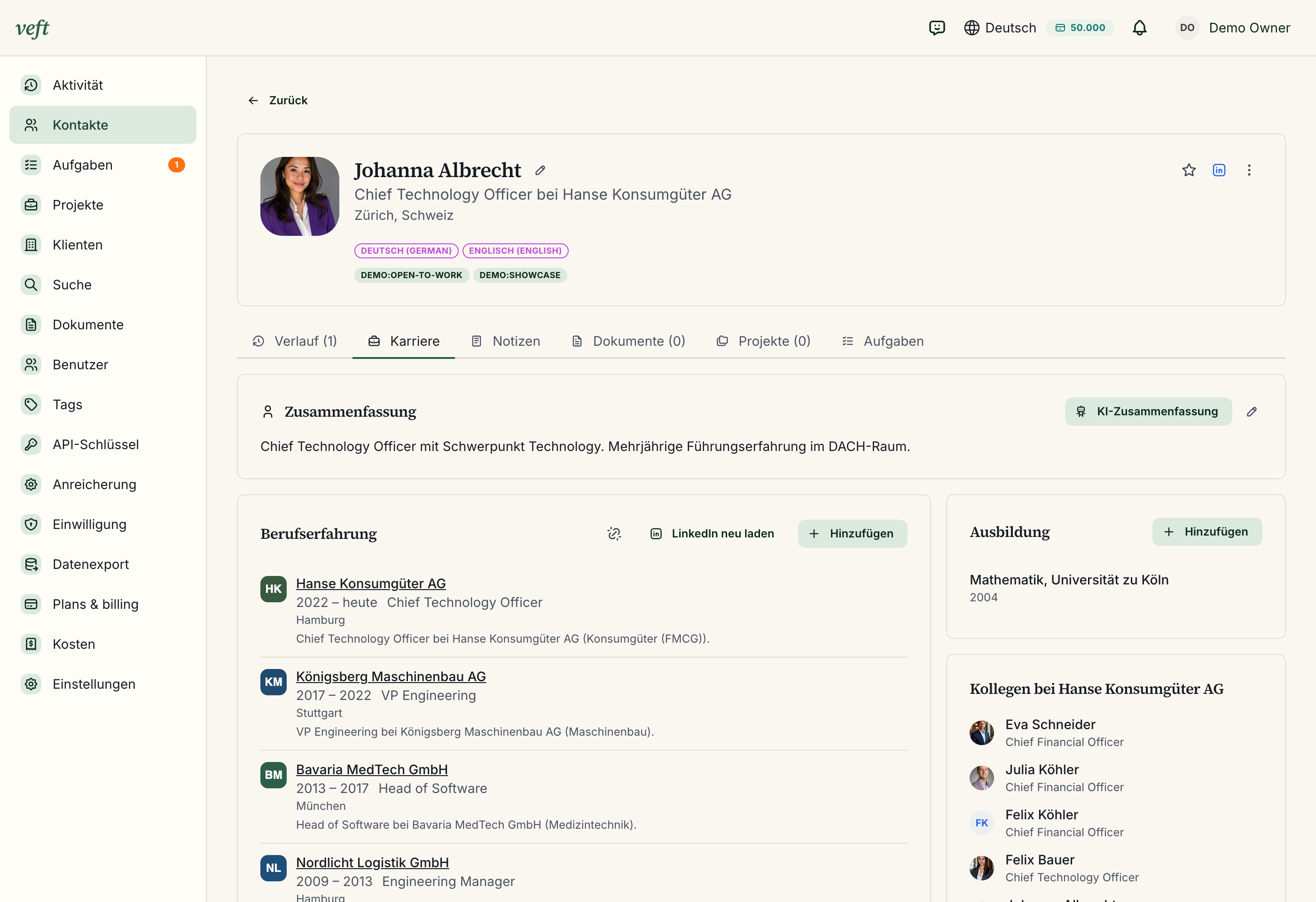 A structured candidate profile with compensation, career timeline, and references