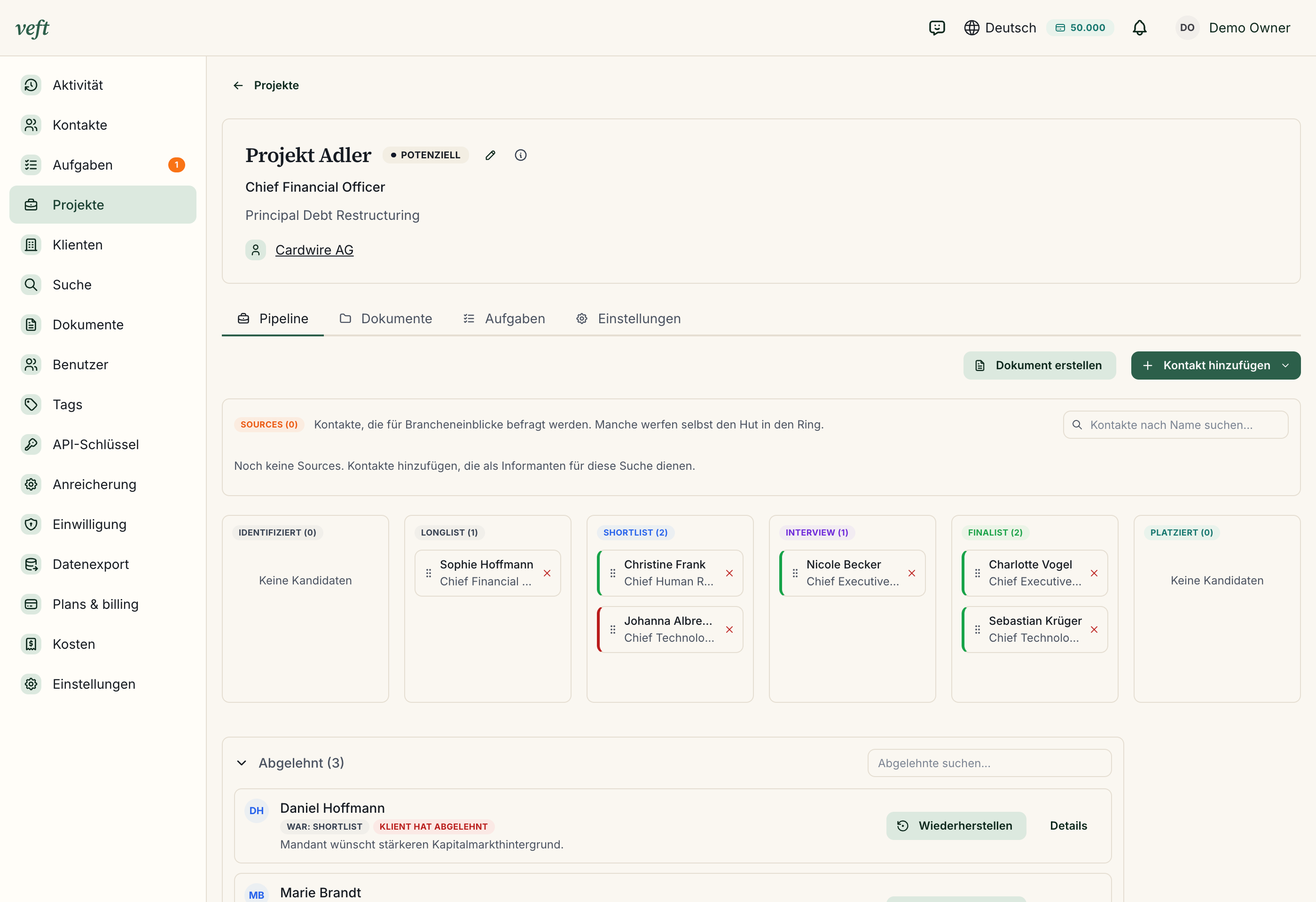 A Veft executive-search project: longlist, pipeline, and candidate dossier